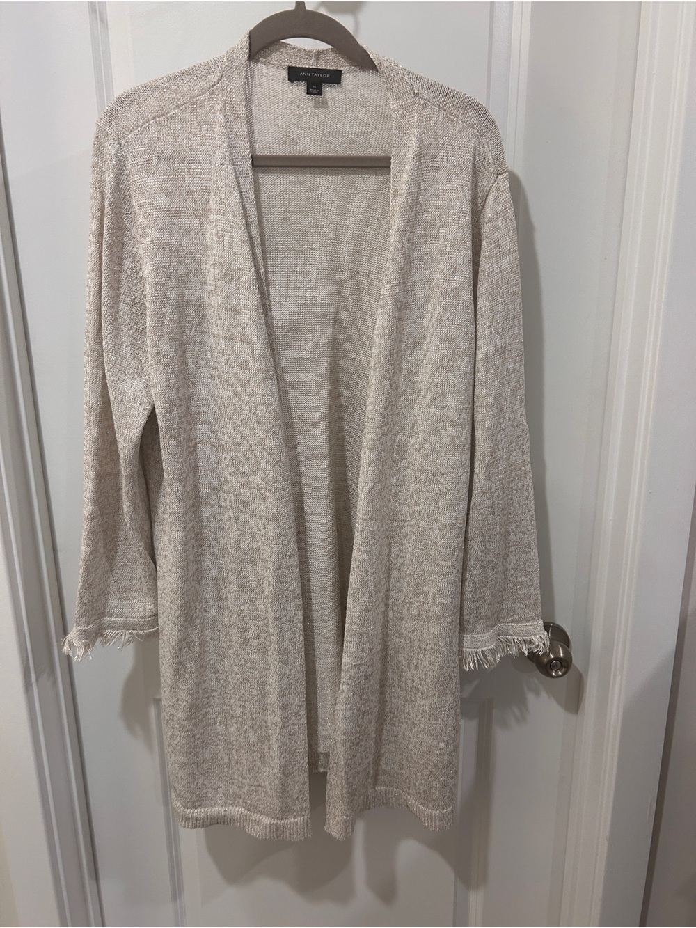 Ann Taylor Open-Front Fringe Hem Cardigan Sweater - Light Taupe